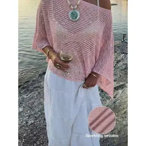 Elegant Women's Spring Summer Fashion Casual Knitted Hollow Out Hoodie, Sequin Boat Neck Pure Color Semi-Transparent Top