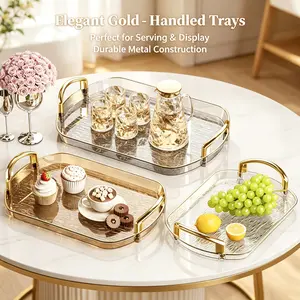 3 Pack Serving Tray with Handles, Stackable Reusable Trays for Serving Food, Plastic Serving Platters for Party, Charcuterie, Fruit, Appetizer, Amber Gold