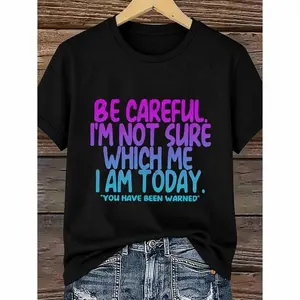 Womens Plus Size Humorous Be Careful Im Which I Graphic T Shirt Colorful Letter Print Loose Neck Short Sleeve Summer Tee Machine Washable Black Casual Top Text Shirt Ladies T Shirts Black -1