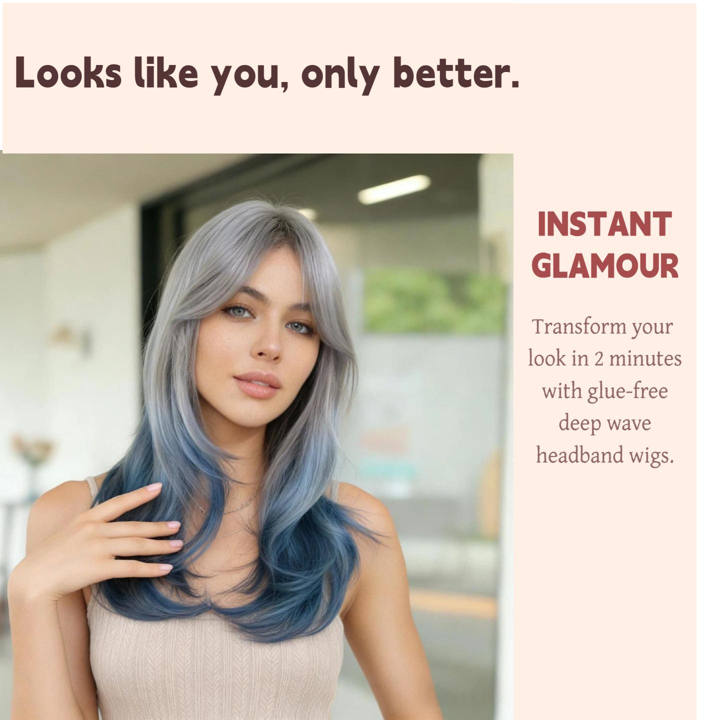 Blue & White Ombré Short Wig — Women's Straight Bob Wig with Bangs, Synthetic Material, Suitable for Daily Wear (Includes Wig Cap)