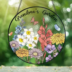 [CUSTOM] Family Birth Flowers Stained Glass Suncatcher Personalized Garden Window Hanging Floral Ornament Gift for Mom Grandma Nana Spirit Era Art