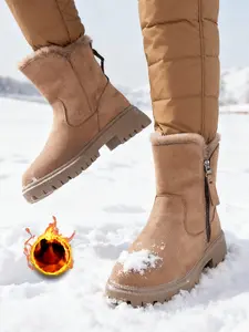 Women's Solid Side Zipper Design Thick Plush Snow Boots, Casual Comfortable Warm Ankle Boots for Fall & Winter, Female All-match Trend Boots for Daily Wear