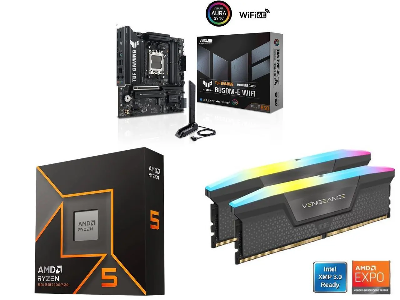 ASUS TUF GAMING B850M-E WIFI mATX motherboard: 8+2+1 80A DrMOS, DDR5, PCIe 5.0, 3 M.2, WiFi 6E, 2.5Gb Ethernet, DisplayPort, HDMI, USB-C. AMD Ryzen 5 9600X 6-Core 3.9GHz, Radeon Graphics. CORSAIR Vengeance RGB 16GB DDR5 6000 RAM.