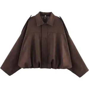 Suede Jacket Women Oversized Long Sleeve Zip Up Casual