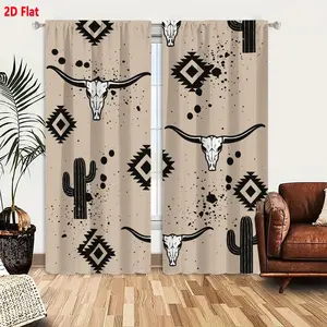 2D Flat 2-Piece Curtain Set, Southwestern Style with Longhorn Cattle Skulls, Black Cacti, Geometric Diamond Patterns on Taupe Background, Bold Monochromatic Western Decor, Symmetrical Organic & Geometric Motifs, Light Filtering Drapery for Living R