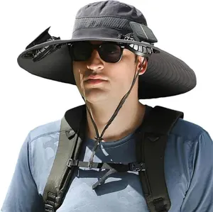 Wide Brim Solar Fan Hat Outdoor Fishing Hat with Fan Built in Sombrero para el Sol Hombre Waterproof Removable Outdoor Solar Fan Hats for Men Solar & USB Charging (US, Alpha, One Size, Color G)