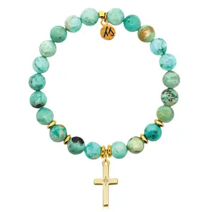 Gold Charm Collection - Peruvian Turquoise Gemstone Bracelet with Cross CZ Gold Charm
