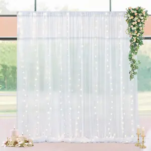 White Backdrop Curtains with Lights String for Wedding Parties 10×10ft Sheer Tulle Backdrop Curtain for Bridal Shower Baby Shower Birthday Party Photo Shoot Background Decorations 2 Panels 10ft×10ft Flower Design Easy Install