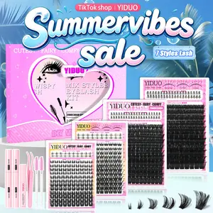 YIDUO 2 Box Eyelash Book Kit 2 Pcs Bond and Seal Included, 646 Pcs Eyelash Extension Kit 200D + 300D + Wispy + Bottom Lash Clusters Mix Style D Curvature Individual False Eyelashes, Fluffy Eyelashes Cluster With Remover & Tweezers, Eyelash Tools