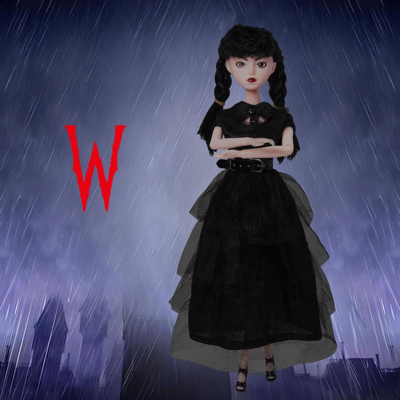 11.5 inch Wednesday Doll, Soft Body, Black Hair, Black Heels, Dress & Accessories