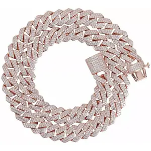 15mm Men'S Rose Gold Plated Iced CZ Out Chain Miami Cuban Link Bracelet Hip Hop Necklace Jewelry