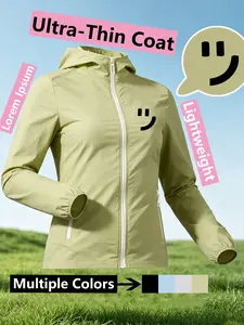 Women's Ultra-Thin Hooded Coat Cute Minimalist Smiley Print Lightweight Sun Protection Jacket Multiple Colors Casual Outing Daily Wear Skin-friendly Breathable Machine Washable Plus Size Casual Streetwear For Women All Season