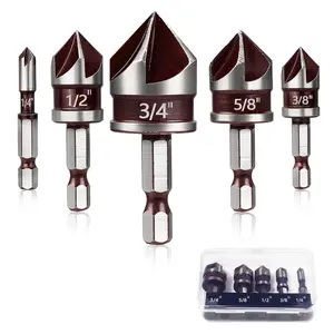 5-Piece HSS Countersink Drill Bit Set (with 1/4", 3/8", 1/2", 5/8", 3/4" hex shanks), 82-degree high-speed steel 5-flute quick-change hex shank, suitable for drilling in metal, plastic, wood, PVC and cement