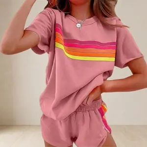 Women's 2-Piece Elastic Retro Matching Stretchy Polyester Short-Sleeve T-Shirt Set - Cute Embroidered Rainbow Color Block, Soft Comfy Breathable Loose Casual Summer Dopamine Outfit for Girls