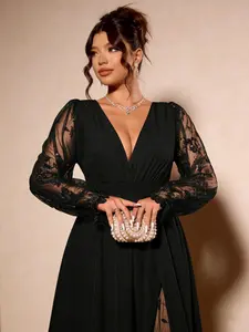 Plus Size V Neck Maxi Dress, Lace Sleeve Patchwork, Waist Cinched Split Design, Floral Velvet Embroidery, Elegant Formal Party & Date Night