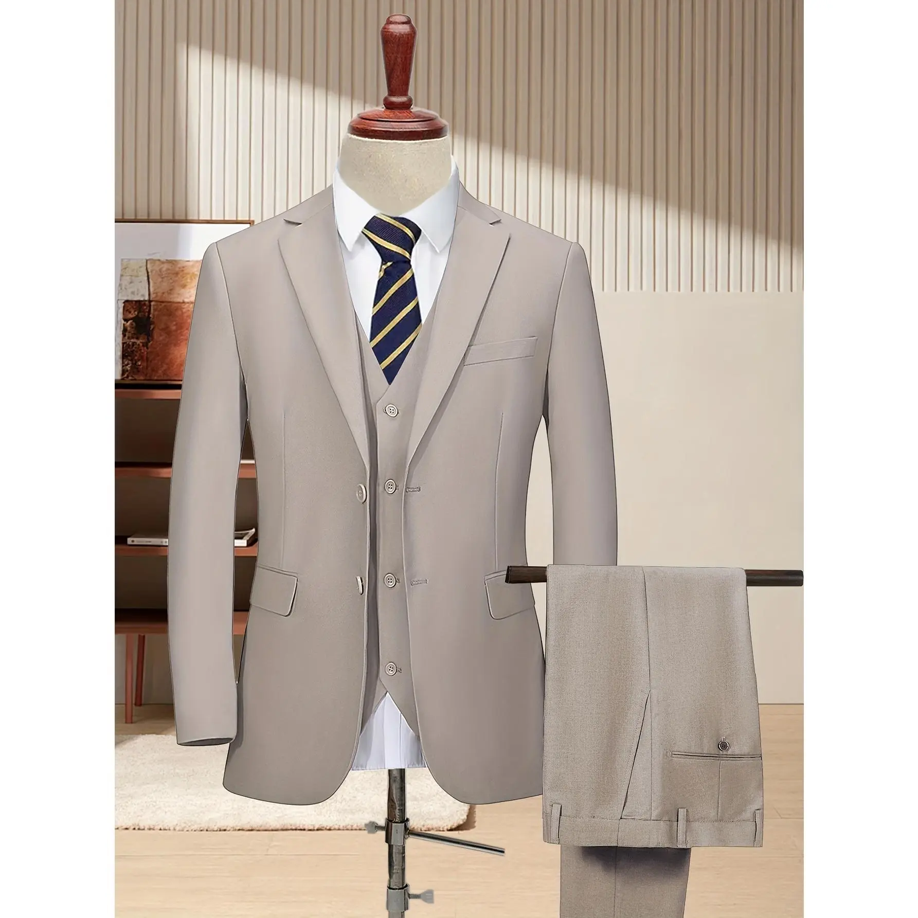 [Two Button Lapel] Men's 3pcs Business Suit | Champagne Color | Two Button Lapel Jacket Vest Trouser Set | Wedding Business Tuxedo