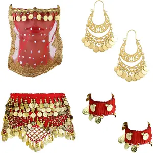 FINREZIO 6 Pcs Red Blue Belly Dance Costume Set for Women Hip Scarf Golden Coin Drop Earrings Anklet Tribal Face Veil Stretch Cuff Bracelet Bright Colorful Belly Dance Costume