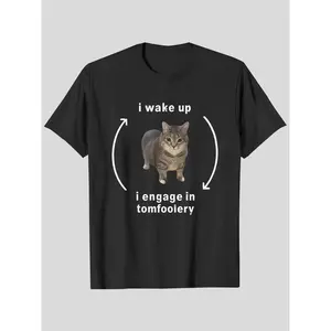 I Wake Up I Engage In Tomfoolery Silly Cat Meme Graphic Fitted Knitted T-Shirt