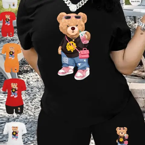 Two-Piece Set Women's Cartoon Bear Print Short Sleeve Medium Jersey Stretchy T-shirt & Skinny Shorts Set, Round Neck Tee & Shorts for Summer, Lady Casual Outfits for Daily Wear, Short Sets