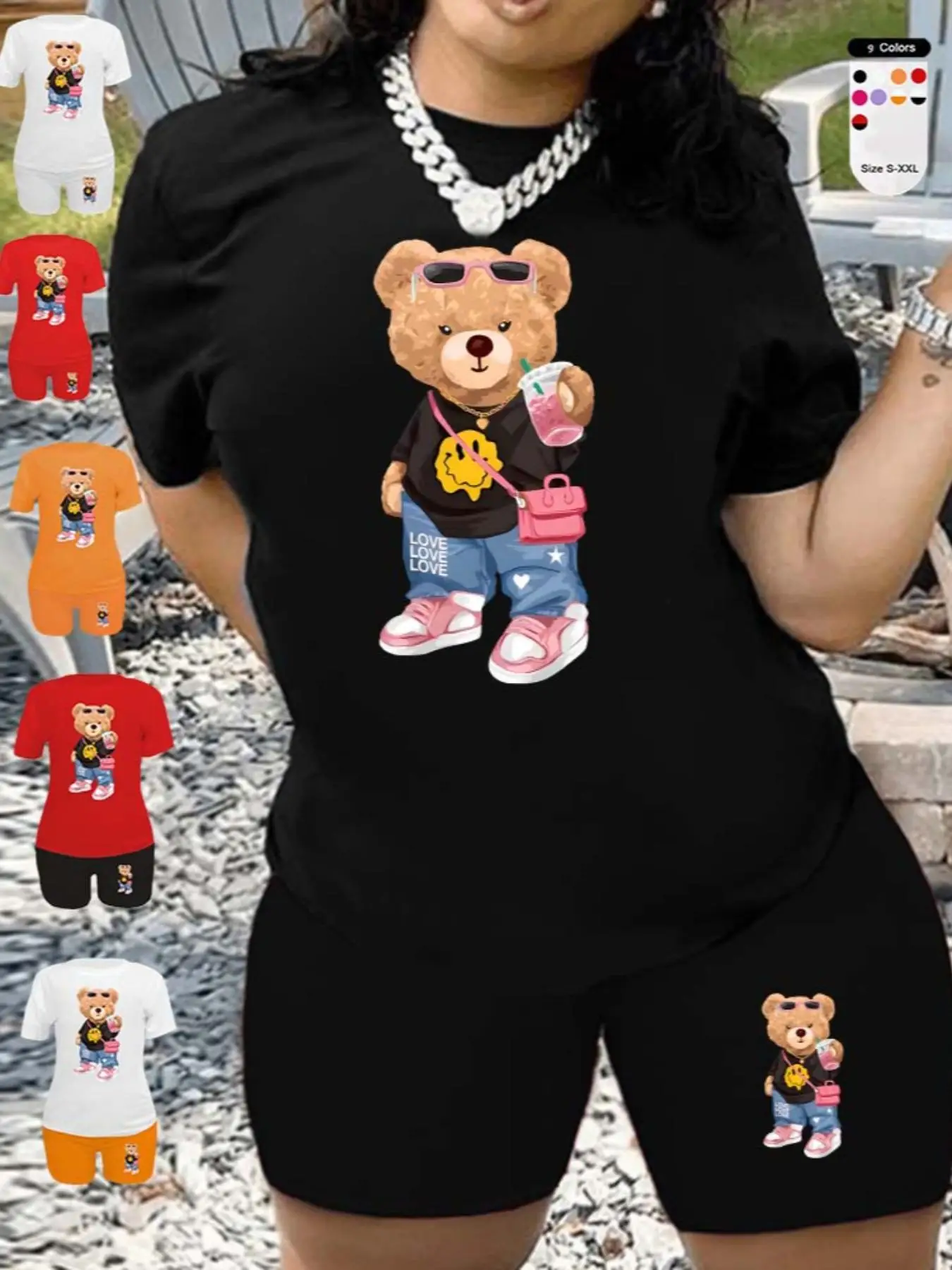 Two-piece Set Women's Cartoon Bear Print Short Sleeve T-shirt & Skinny Shorts Set, Casual Style Soft Round Neck Tee & Shorts for Summer, Lady Outfits