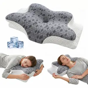 Ergonomic Double-Sided Contoured Neck Pillow for Sleeping, Memory Foam Cervical Support Pillow with Cooling Cover, Zoned Design & Extra-Large Armrests, Comfortable for Side, Back & Stomach Sleepers, Father's Day Gift