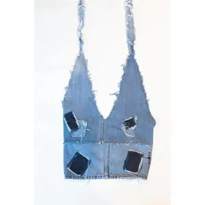 KNOTWTR: DENIM PATCHWORK ROUND HALTER TOP