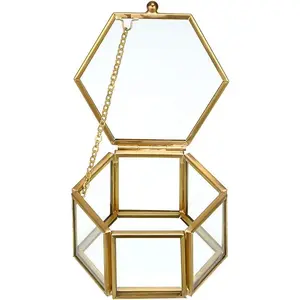 Glass Vintage Jewelry Box - Golden Geometric Jewelry Display Organizer Keepsake Box Case Home Decorative Box for Storage Trinket Ring Earring Chest (Small) Gift Accessory