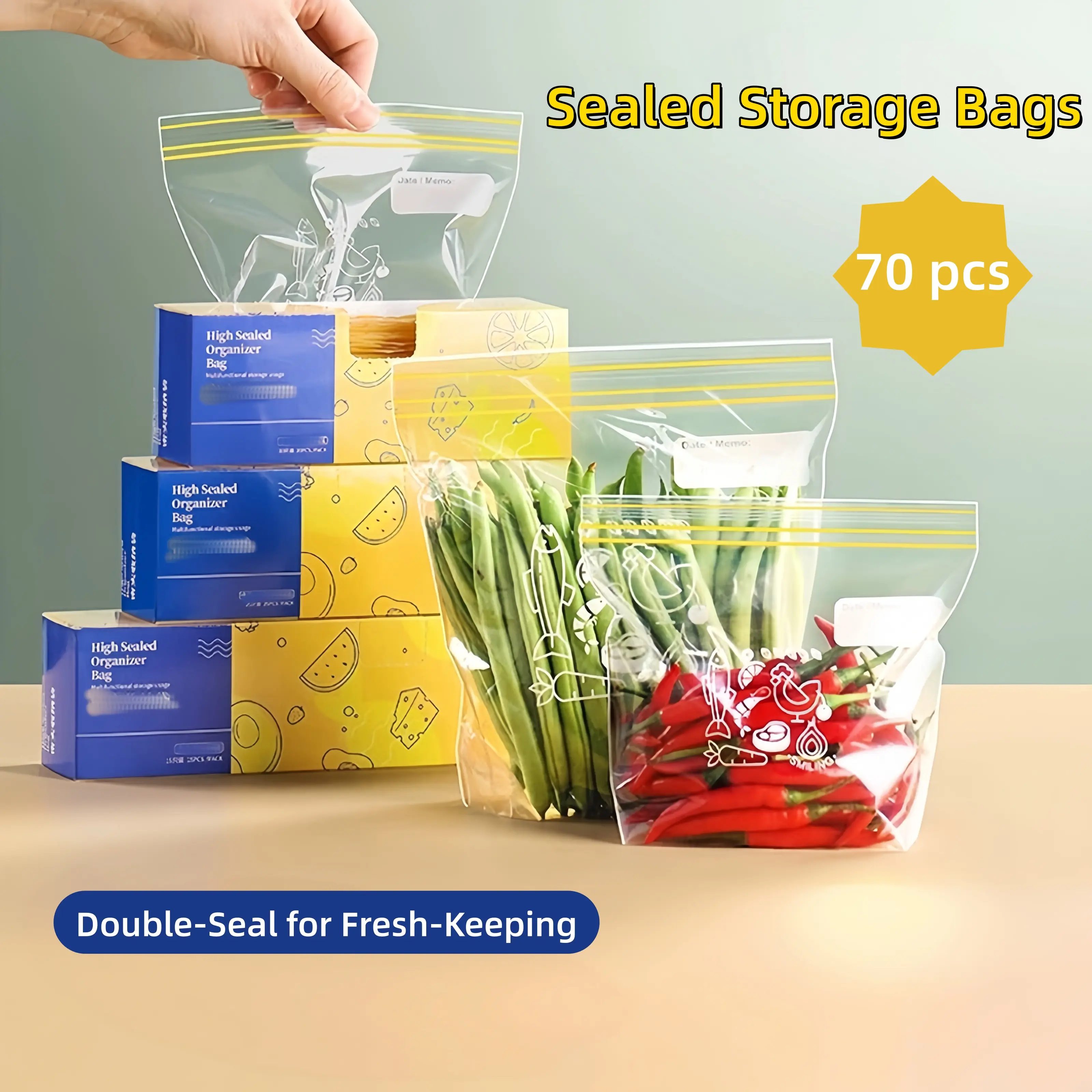 [Back to School]70 pcs Thick Double Seal Food Storage Bags, Reusable Self-SealingPouches, Food Grade Airtight Bags for RefrigeratorOrganization & Food Portioning-MM1