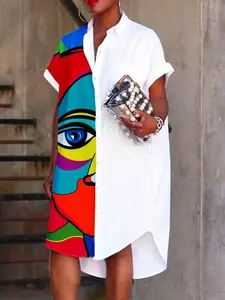 Women's Cartoon Face Print Curved Hem Shirt Dress, Casual Batwing Sleeve Knee Length Dress for Summer, Ladies Clothes for Holiday Vacation