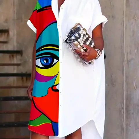 Fashionable Personality Print Dopamine Shirt Dress, Casual Knee-Length Fitted Short Sleeve Dress, Button Front Asymmetrical Design, Casual Wear