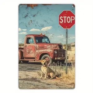 Vintage Rusty Red Pickup Truck Yellow Labrador Retriever Stop Sign Metal Tin Sign Country Western Distressed Wall Plaque, Farmhouse Garage Porch Man Cave Dog Lover Wall Art Decor 8x12 Inch Waterproof Hanging Sign