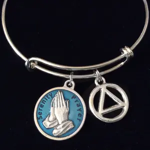 Blue Serenity Prayer AA Silver Expandable Charm Bracelet Adjustable Wire Bangle Inspirational Meaningful Recovery Gift Alcoholics Anonymous