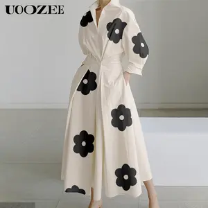 UOOZEE Women's Long Sleeves Loose Contrast Color Floral Printed Pleated Tied Waist Lapel Midi Dresses Shirt Dress