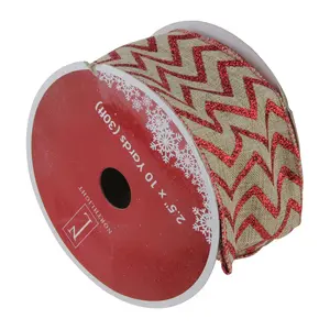 Northlight Pack of 12 Red and Brown Chevron Rib bon 2.5" x 120