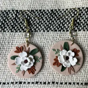 White floral polymer clay earrings