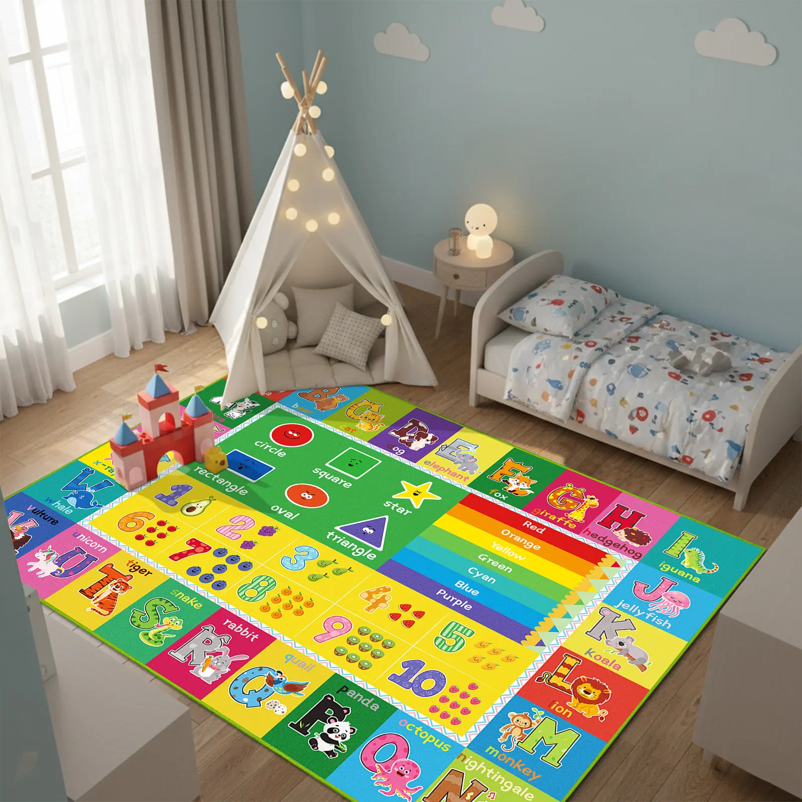 Unisex Colorful Kids Educational Flannel Play Rug - ABC Alphabet, Animal, Days, Seasons, Shapes Learning Playmat, Soft Non-Slip Thick Cotton Toddler Crawling Carpet for Nursery, Baby Toys for Playroom Bedroom huloosleep ultra memory