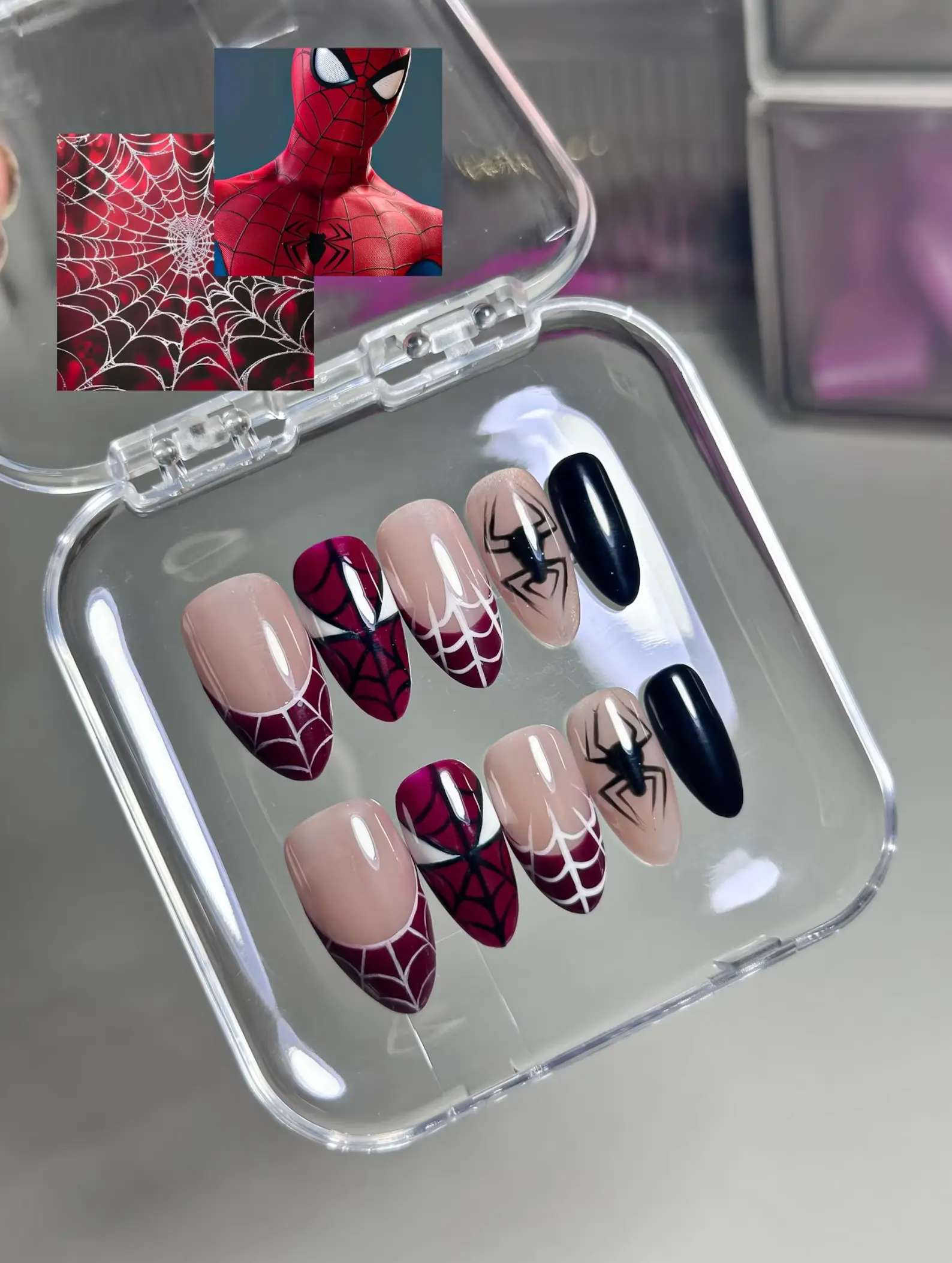 Red Black Spider Web Press-On Nails, Medium Almond Fake Nails with 3D Spider Accents, Web French Tips and Glossy Finish