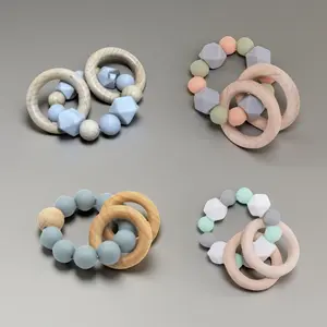 New Baby Beech Wood Teether, Silicone Baby Teething Stick and DIY Bracelet Toy, Safe Infant Chewing Accessories for Teething Relief, Sensory Teether