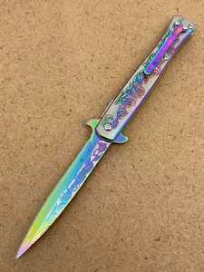 Colorful folding knife, rainbow rose pattern, stainless steel handle, EDC tool, suitable for camping, fishing, carving, exquisite gift