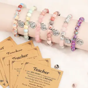 6 Pcs Teacher Bracelet Gift Set with Wooden Trays, Natural Stone Bracelets Bulk for Graduation, Retirement, Birthday, Mentor Appreciation， best gift for teacher