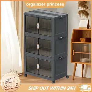 Foldable Storage Box with Lid, Stackable 10/16/32 GAL Household Holders with Wheels for Kitchen Bedroom Bathroom warehouse ( Smoke Grey) Kitchen