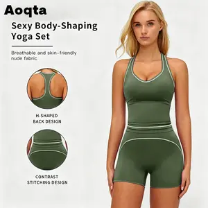 Aoqat Women's Solid Crop Sports Bra & High Waist Gym Shorts Tracksuit Set, High Stretch Casual Breathable Comfortable Quick Drying Spaghetti Strap Backless Sports Bra & Drawstring Waist Skinny Shorts for Yoga Gym Workout, Ladies Sportswear for All Seasons