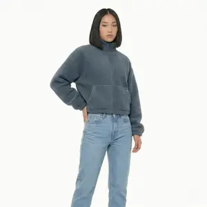 HL High Level Women's Slate Blue Vintage Minimalist Oversized Cropped Long-Sleeve Sherpa Fleece Zip-Up Button Jacket - Comfortable, Baggy, Basic, Boxy Fit Casual Everyday Streetwear Top