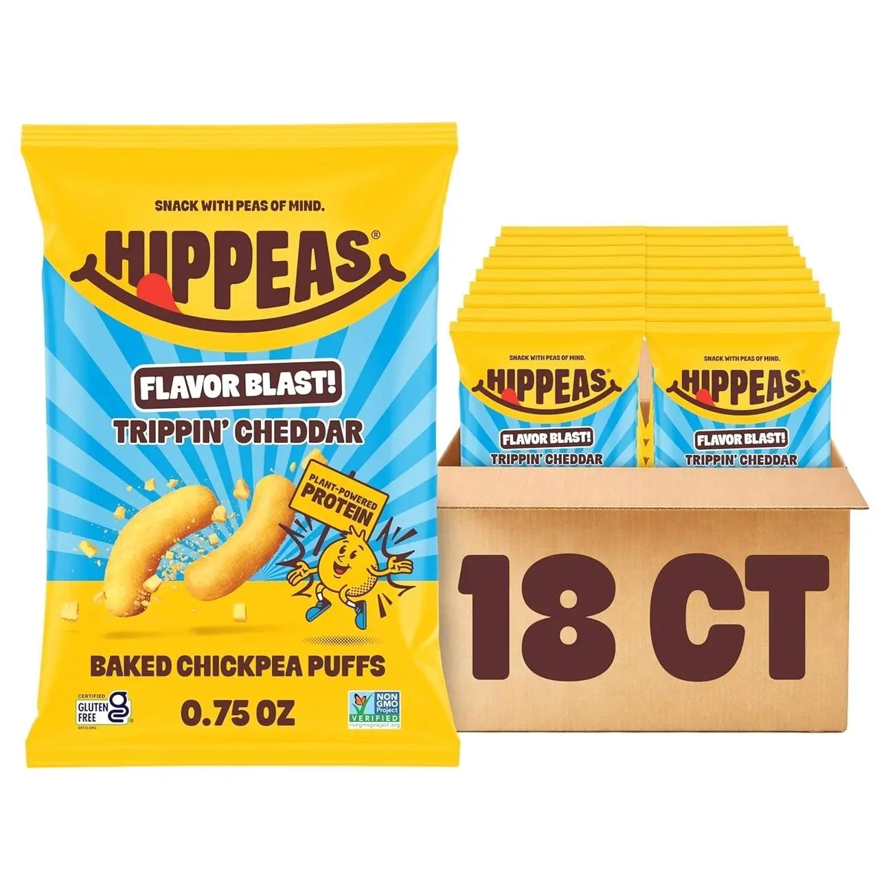 Hippeas Chickpea Puffs, Trippin’ Cheddar, 18 x 0.75 oz Bags, Baked Crunchy Chickpea Snacks with 3g Plant Protein, 2g Fiber & 40% Less Fat, Dairy & Gluten Free, Non-GMO, Top 9 Allergen Free