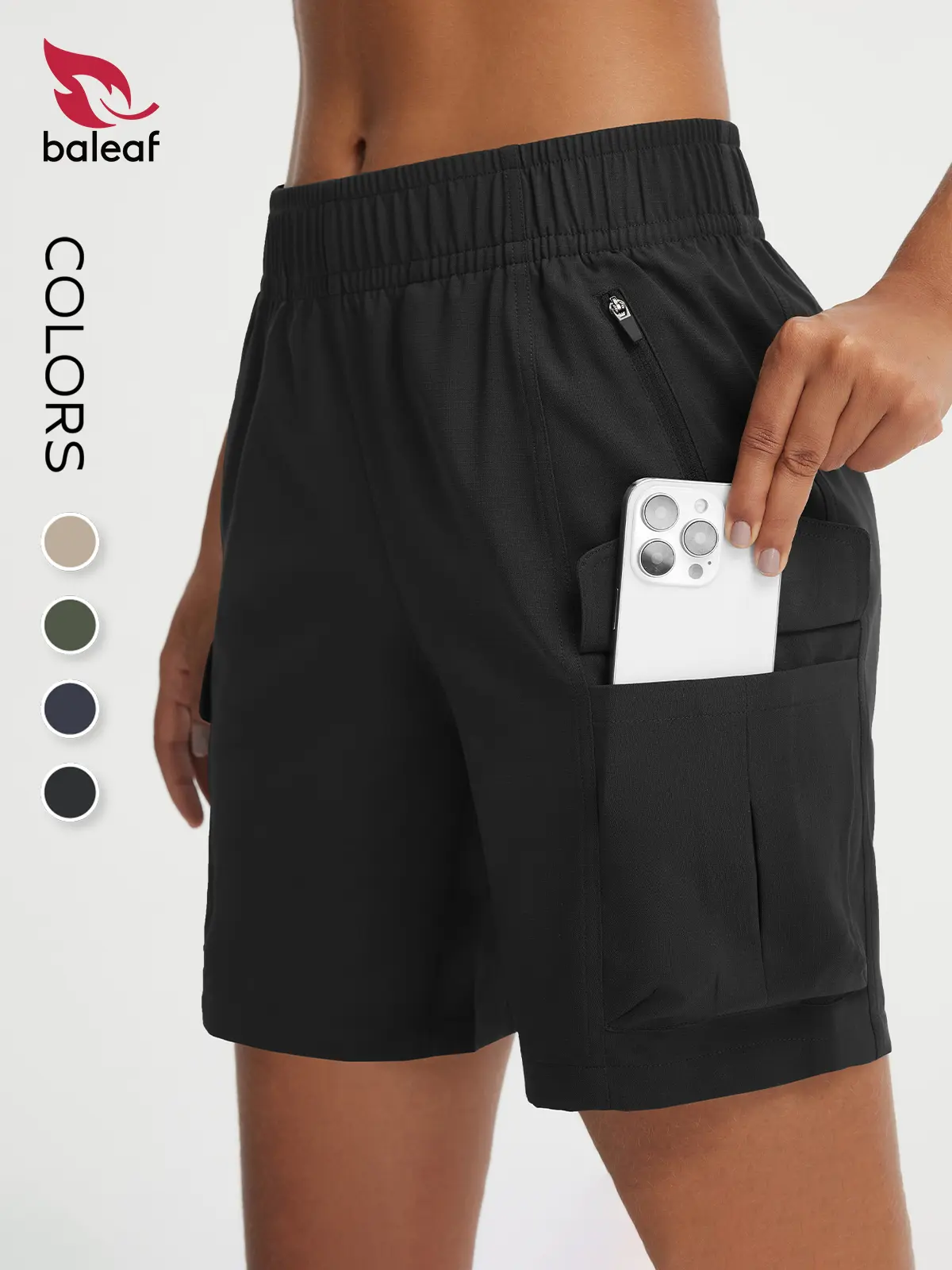 BALEAF Women's 7'' High Waisted Elastic Waist Hiking Cargo Shorts, Zipper Pockets, Tummy Control, Water Resistant, Quick Dry, Lightweight Stretch, UPF50+ Sun Protection for Camping, Travel, Elastic Waist Shorts