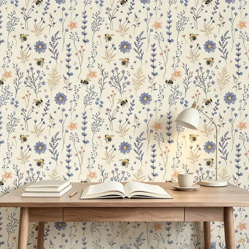 Peel & Stick Floral Wallpaper, Bee & Wildflower Print, Waterproof Vinyl Mural, Easy Match & Remove, Home Decor, Living Room