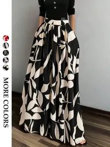 Women's French Vintage Print High Waist A-Line Skirt, Loose Fit Umbrella Dress, Casual Long Skirt for All Seasons