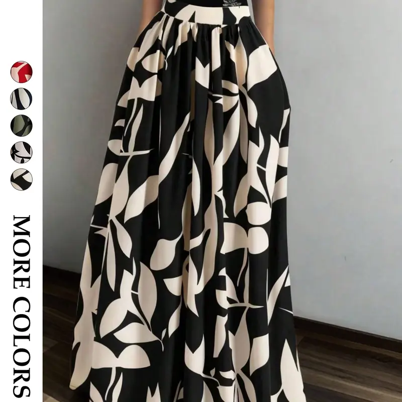 Women's French Vintage Geometric Print High Waist A-Line Skirt, Loose Fit Umbrella Dress, Casual Maxi Long Skirt for All Seasons, Casual Streetwear Skirt