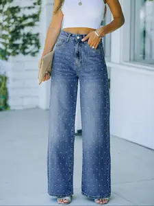 Plus Size Women's Elastic Washed Denim Jeans, Loose Boyfriends Jeans, Rhinestone Design, Casual Fashion, Loose Fit, Natural Waist, All Seasons