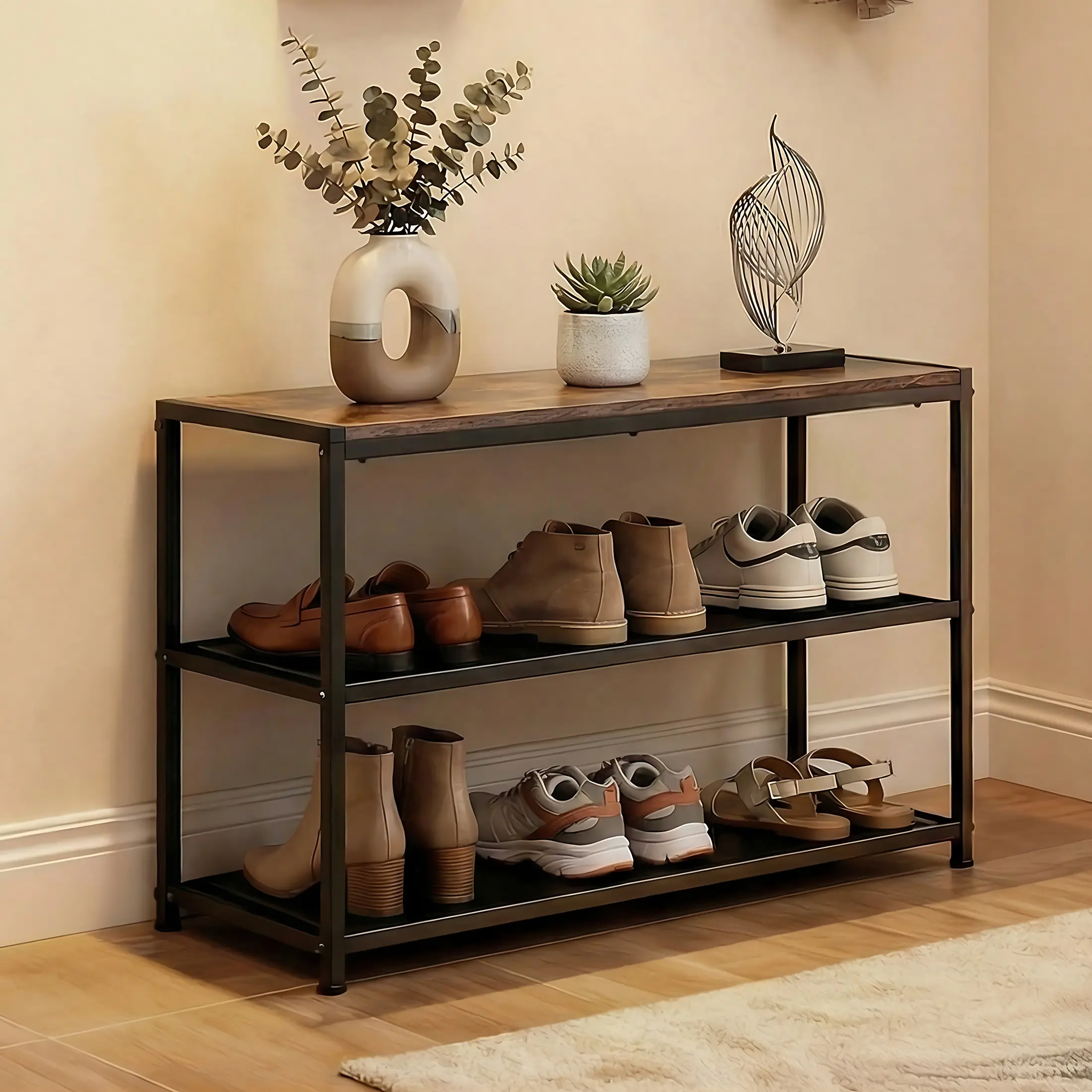Sweetcrispy 3-Tier Wood & Metal Shoe Bench with Mesh Shelves - 28.3x11.8in Stable Frame Shoe Storage System, Easy Setup for Entryway, Hallway, Brown & Black Indoor Furniture